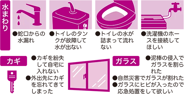 蛇口からの水漏れ、トイレのタンクが故障して水が出ない、トイレの水が詰まって流れない、洗濯機のホースを接続してほしい。