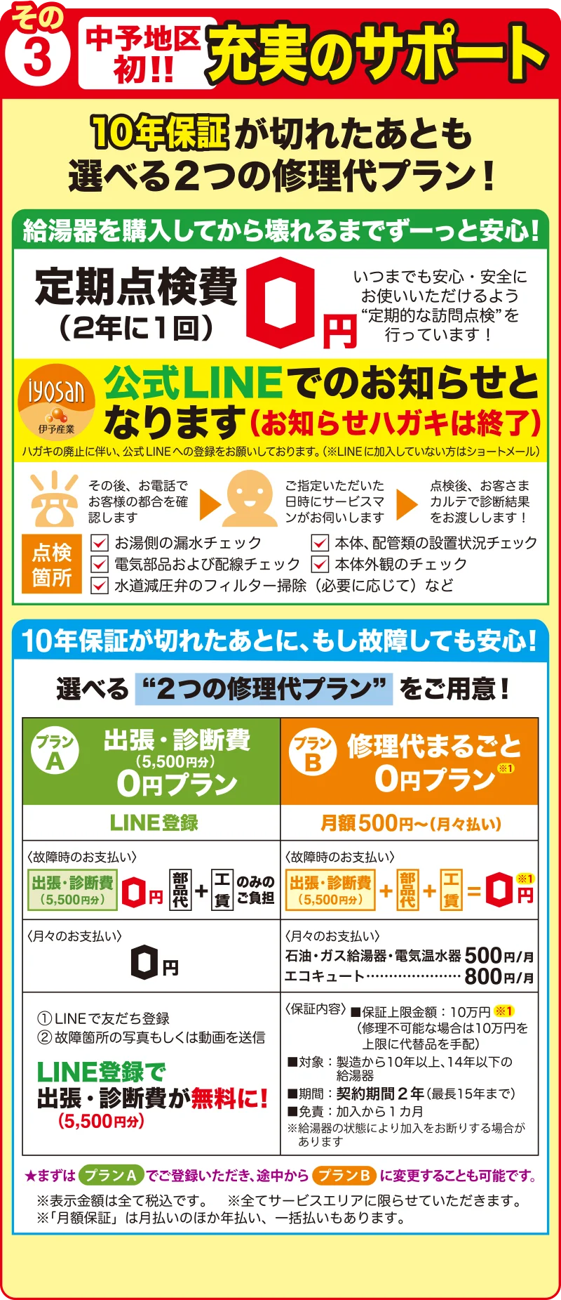 充実のサポート！伊予産業独自のサポートサービス「あんしんメンバーズ（LINE登録）」に加入していただくとW保証が切れたあとも安心です！給湯器を購入してから壊れるまでずーっと安心！2年に1回の定期点検をハガキでお知らせ！W保証が切れたあとに、もし故障しても安心！選べる“2つの修理代プラン”をご用意！プランA出張・診断費無料プラン、プランB修理代まるごと無料プランがおトク！